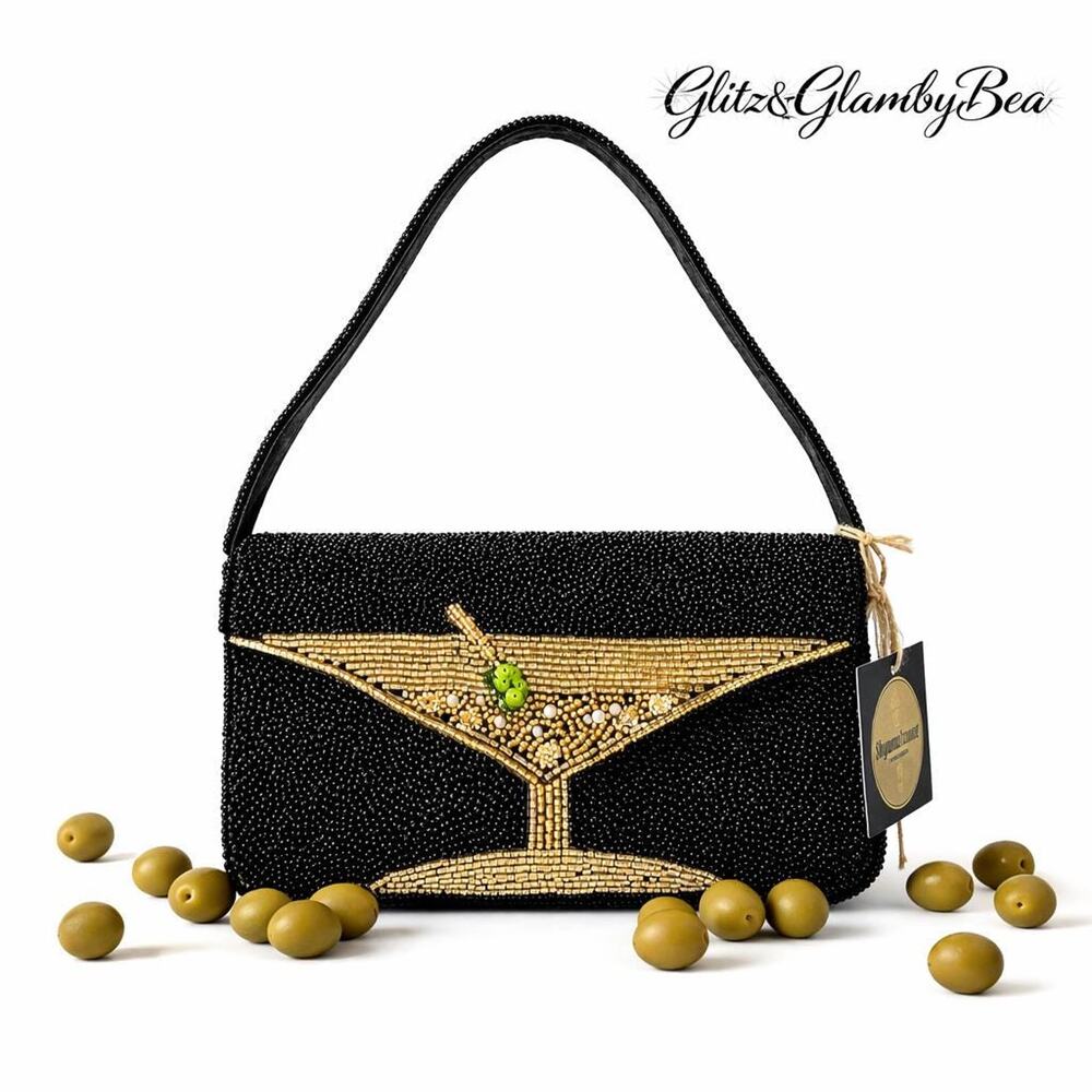 Hand-Beaded Martini Clutch Bag | Black Gold Cocktail Glass Evening Purse